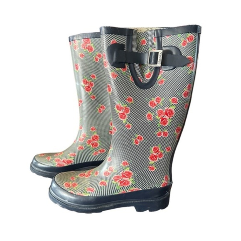 Chooka Rain Boots Dotty Flowers Knee-High Boot - Navy with red roses Size 6